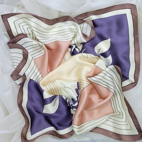 ✨Elegant Silky Square Scarf Floral Line Art White Purple Shawl Headband Bandana✨ - Picture 4 of 6